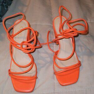 Olivia Farigiano Orange Leather Sandal Heels - Size 6